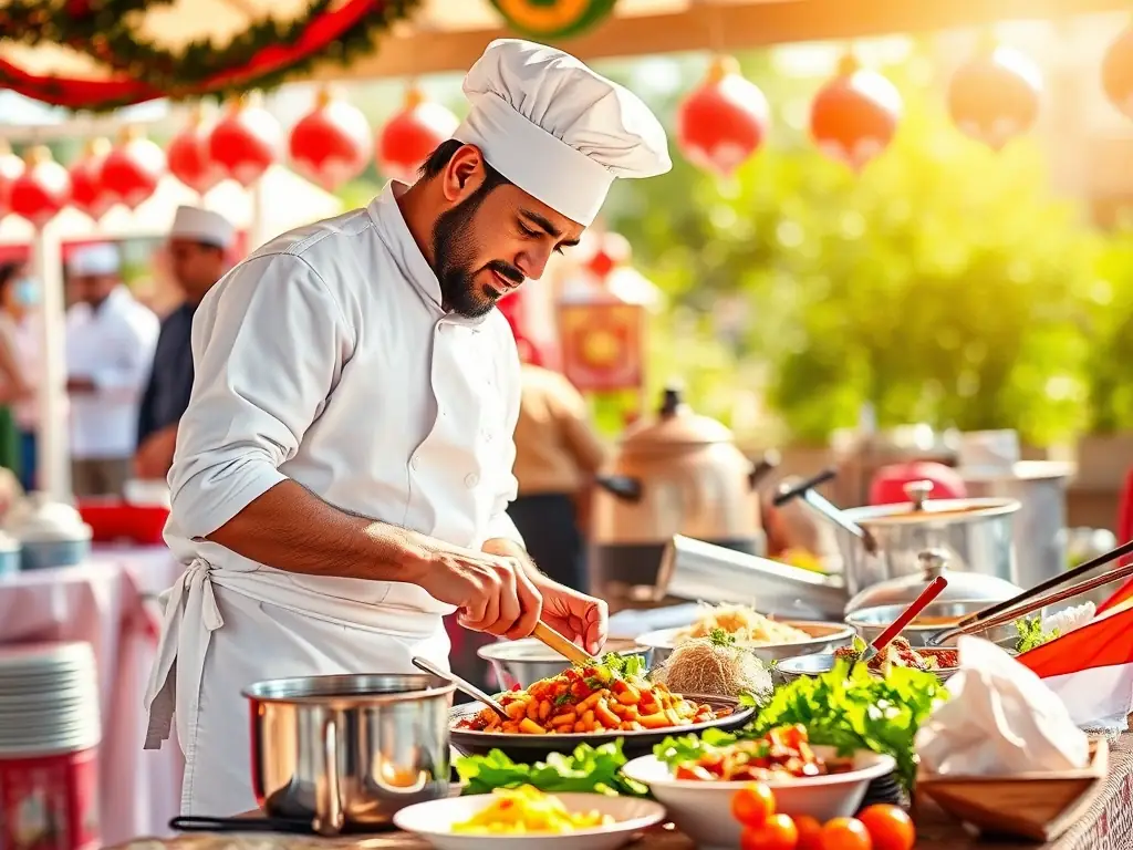 A vibrant image showcasing a live cooking demonstration at the Jordan International Food Festival, with a chef preparing a traditional Jordanian dish.