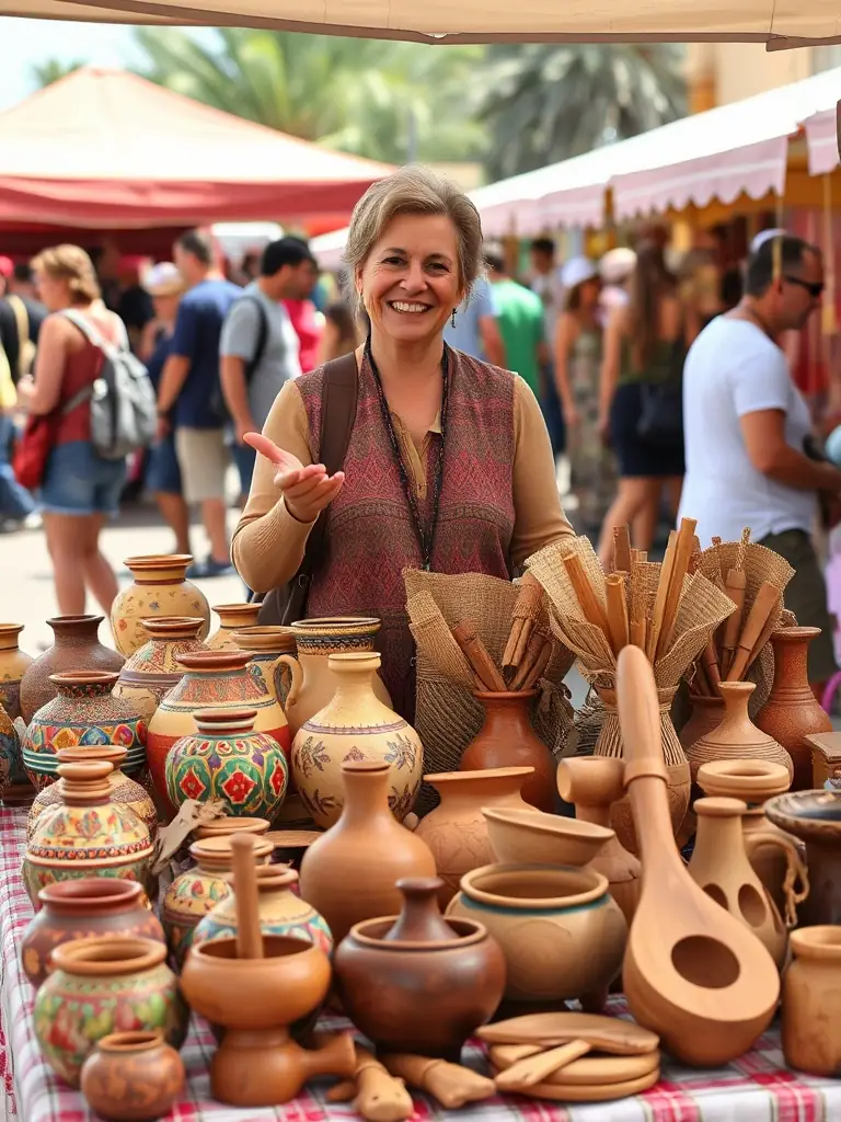 A photo of a vendor's stall filled with traditional Jordanian handicrafts, including pottery, textiles, and olive wood carvings, with the vendor showcasing their products, for the Jordan International Food Festival website.