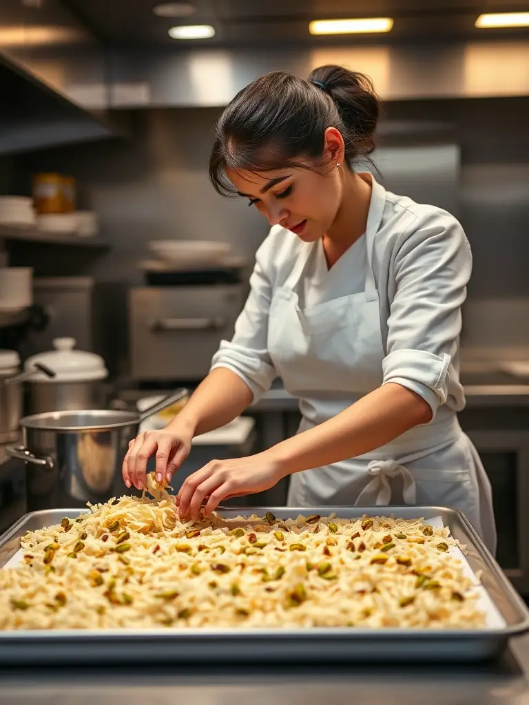 A close-up shot of Chef Fatima preparing a traditional Arabic dessert, Kunafa, with pistachios and syrup, in a bustling kitchen environment, for the Jordan International Food Festival website.