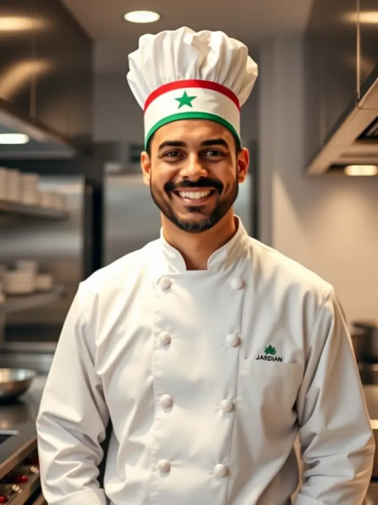 A professional headshot of Chef Omar, smiling warmly, wearing a traditional Jordanian chef's hat, standing in front of a modern kitchen setup with stainless steel appliances, for the Jordan International Food Festival website.
