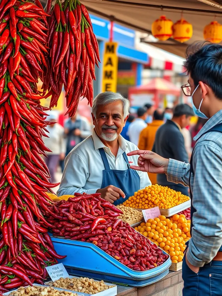 A vibrant photo of a vendor booth, showcasing colorful spices, nuts, and dried fruits, with the vendor smiling and interacting with customers, for the Jordan International Food Festival website.