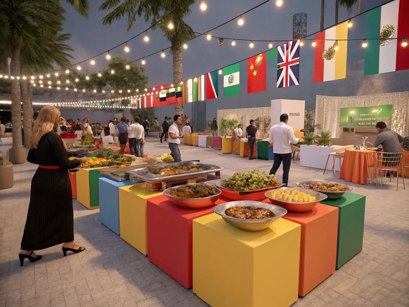 A colorful image of various food vendors at the Jordan International Food Festival, displaying a wide array of culinary offerings.