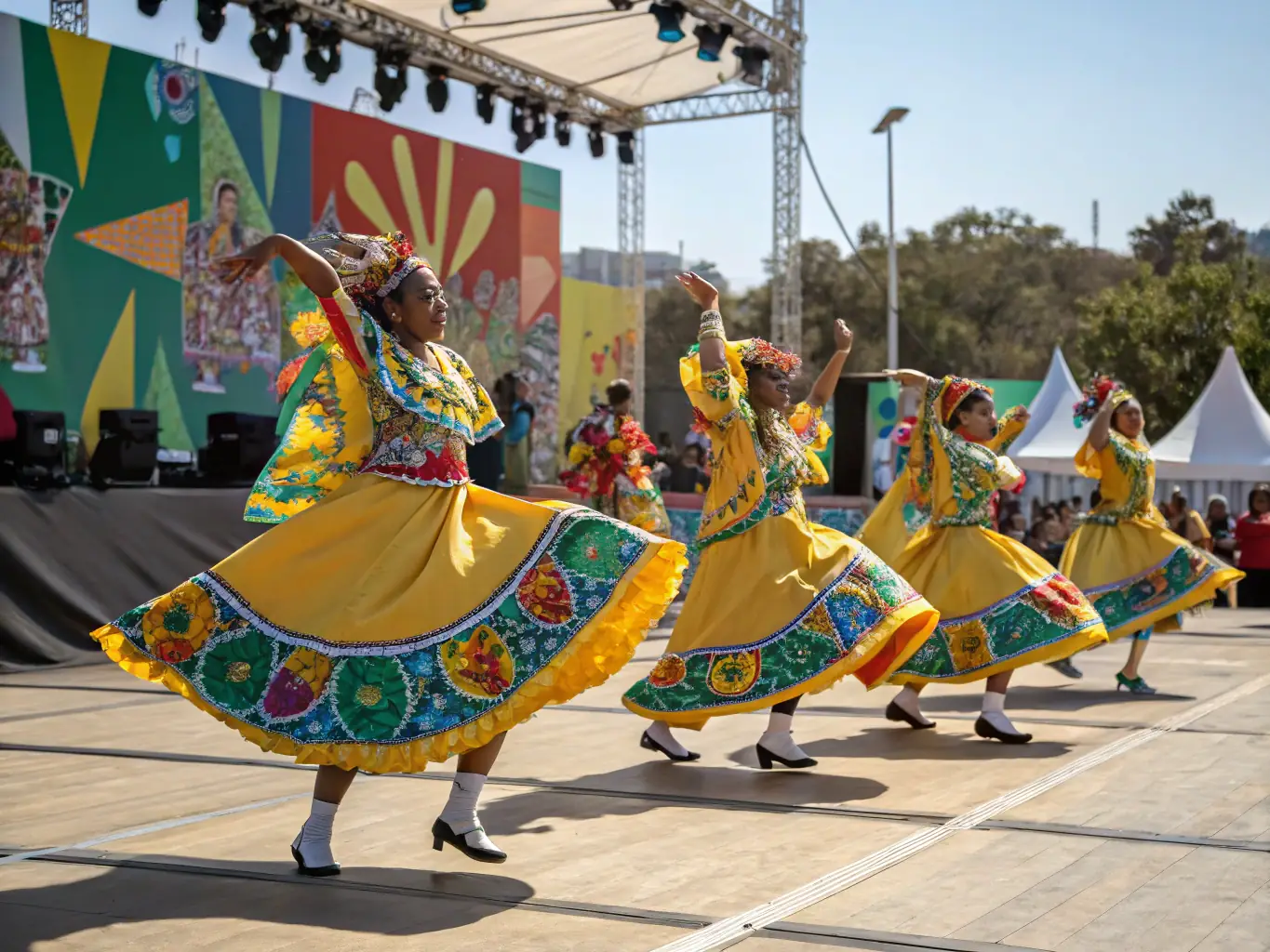 An image capturing a cultural performance at the Jordan International Food Festival, with traditional music and dance.